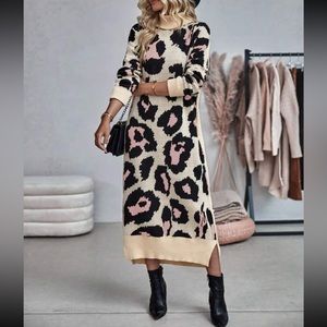 Cozy leopard print high neck sweater dress